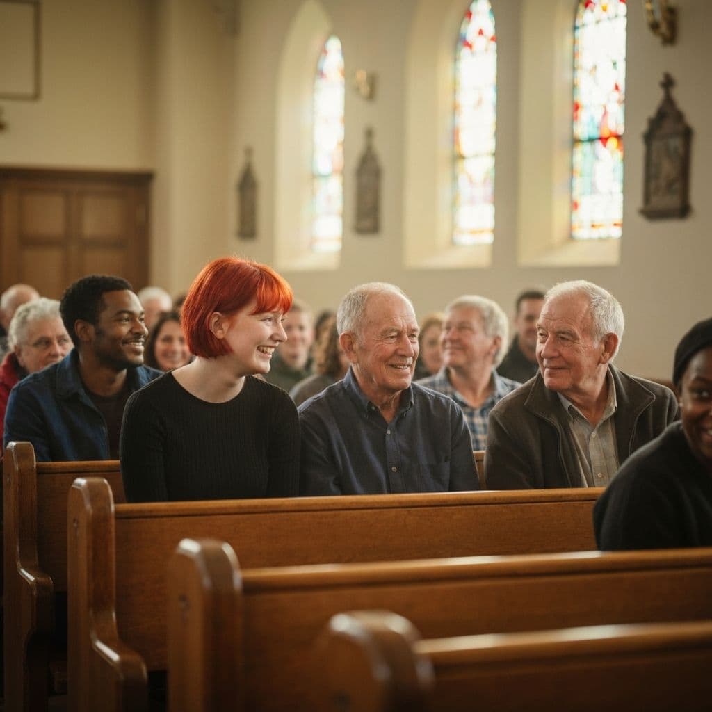 Community gathering in church pews